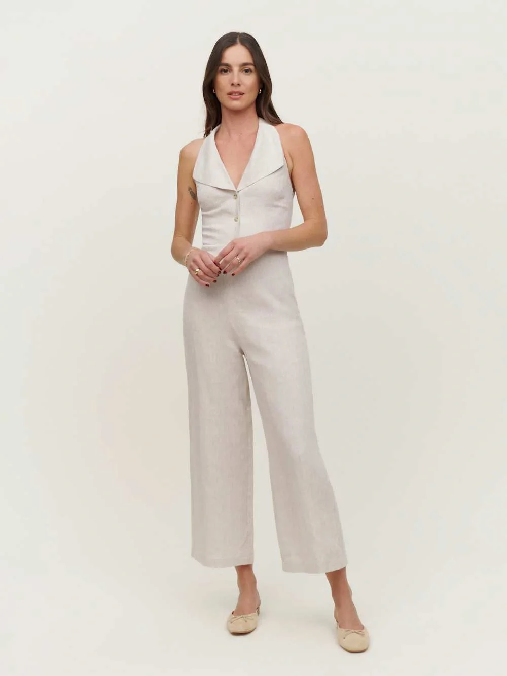 NWT Reformation Billie 100% Linen Button-Front Wide-Leg Jumpsuit in Oatmeal